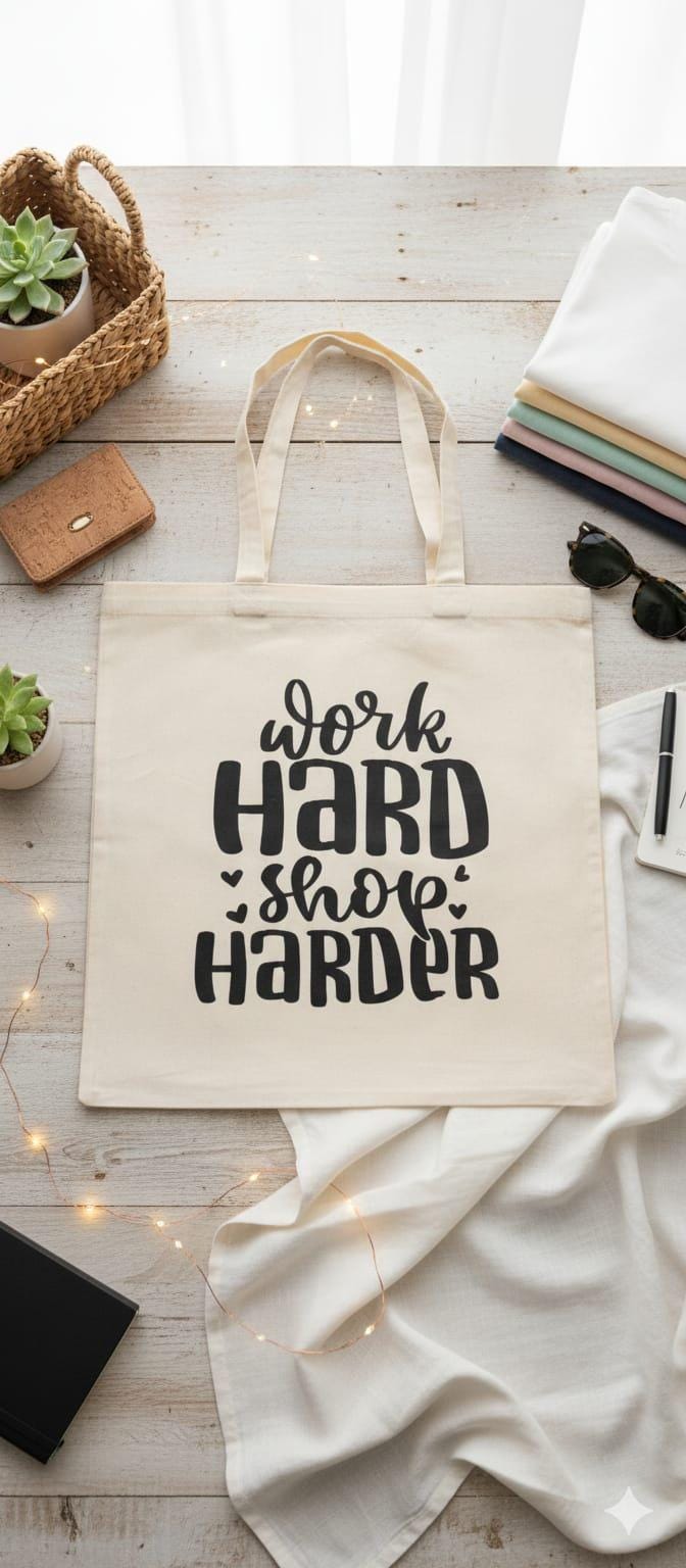 Canvas "Work Hard, Shop Harder"Tote Bag