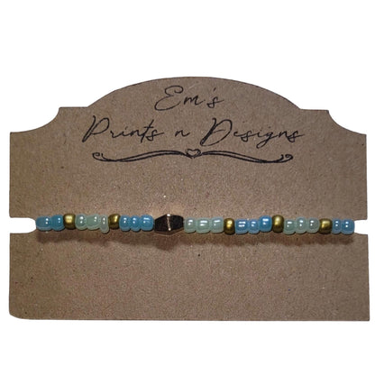 Handmade Blue and Gold Stretch Elastic Seed Bead Bracelet