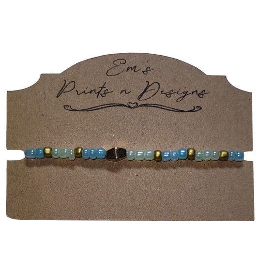 Handmade Blue and Gold Stretch Elastic Seed Bead Bracelet