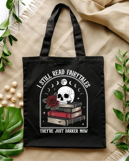 Canvas "I Still Read Fairytales" Halloween Skeleton Shopping Tote Bag