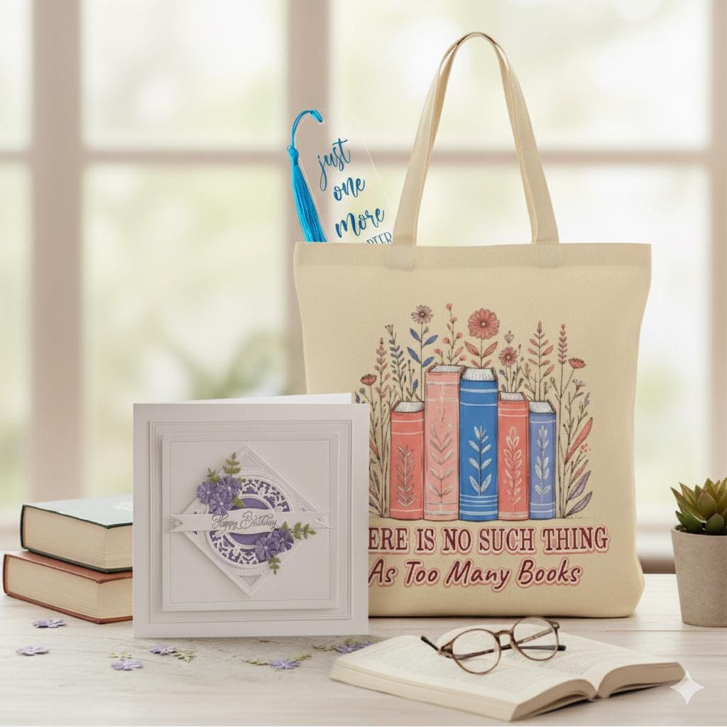 Book Lover Gift Bundle - Tote Bag, Bookmark, Birthday Card